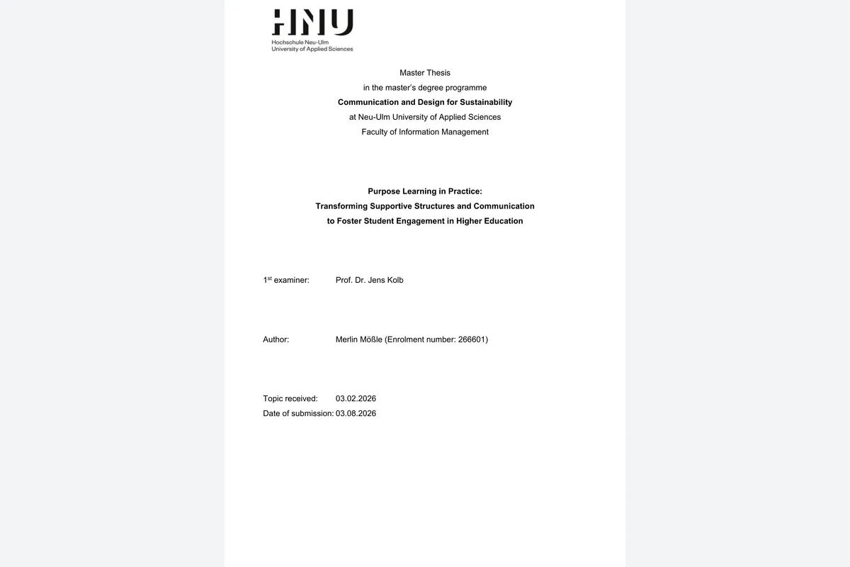 Titelseite meiner Masterarbeit Purpose Learning in Practice