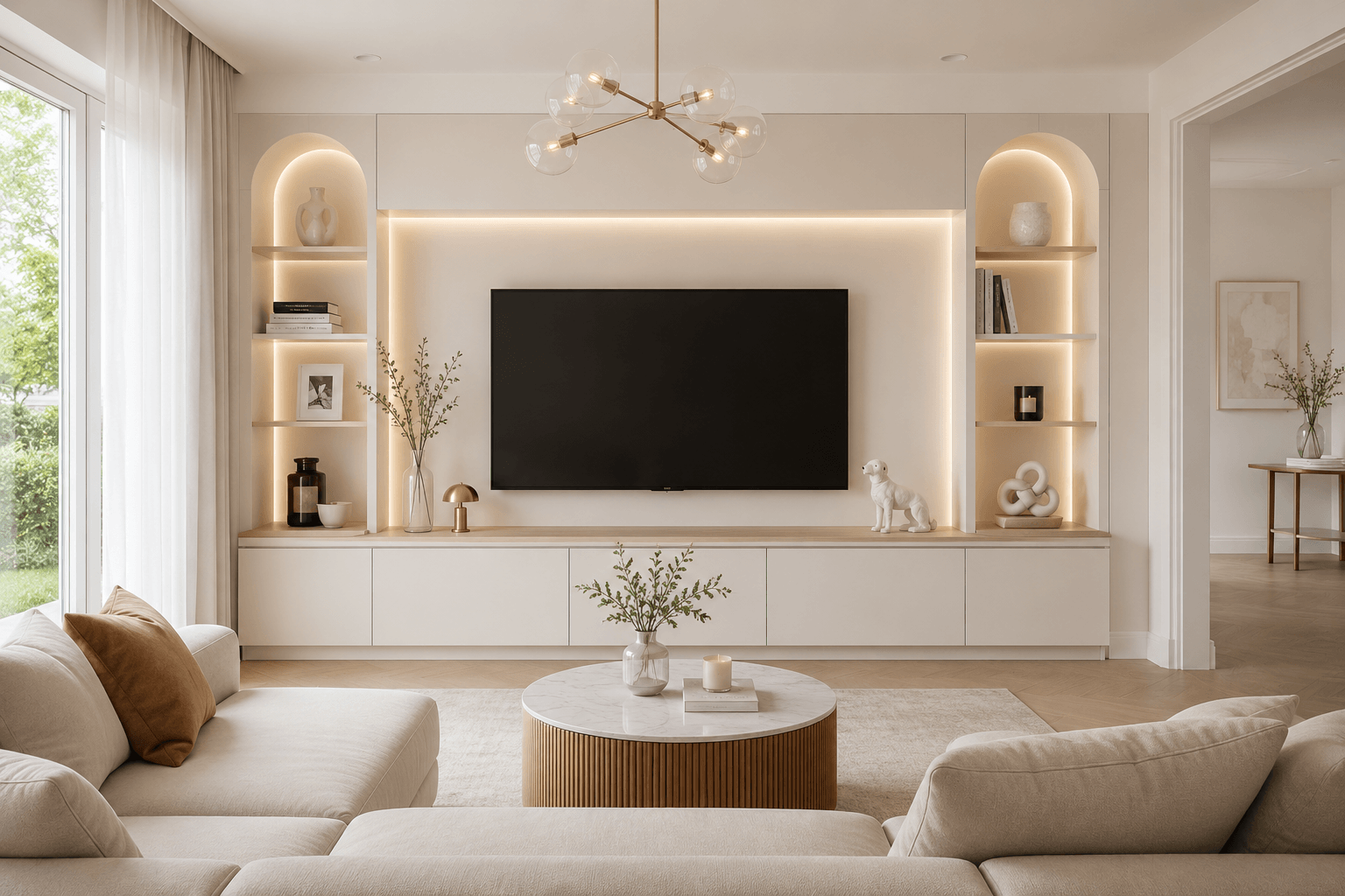 Wohnzimmer mit Fernseher, auf dem das Hochzeitsvideo läuft