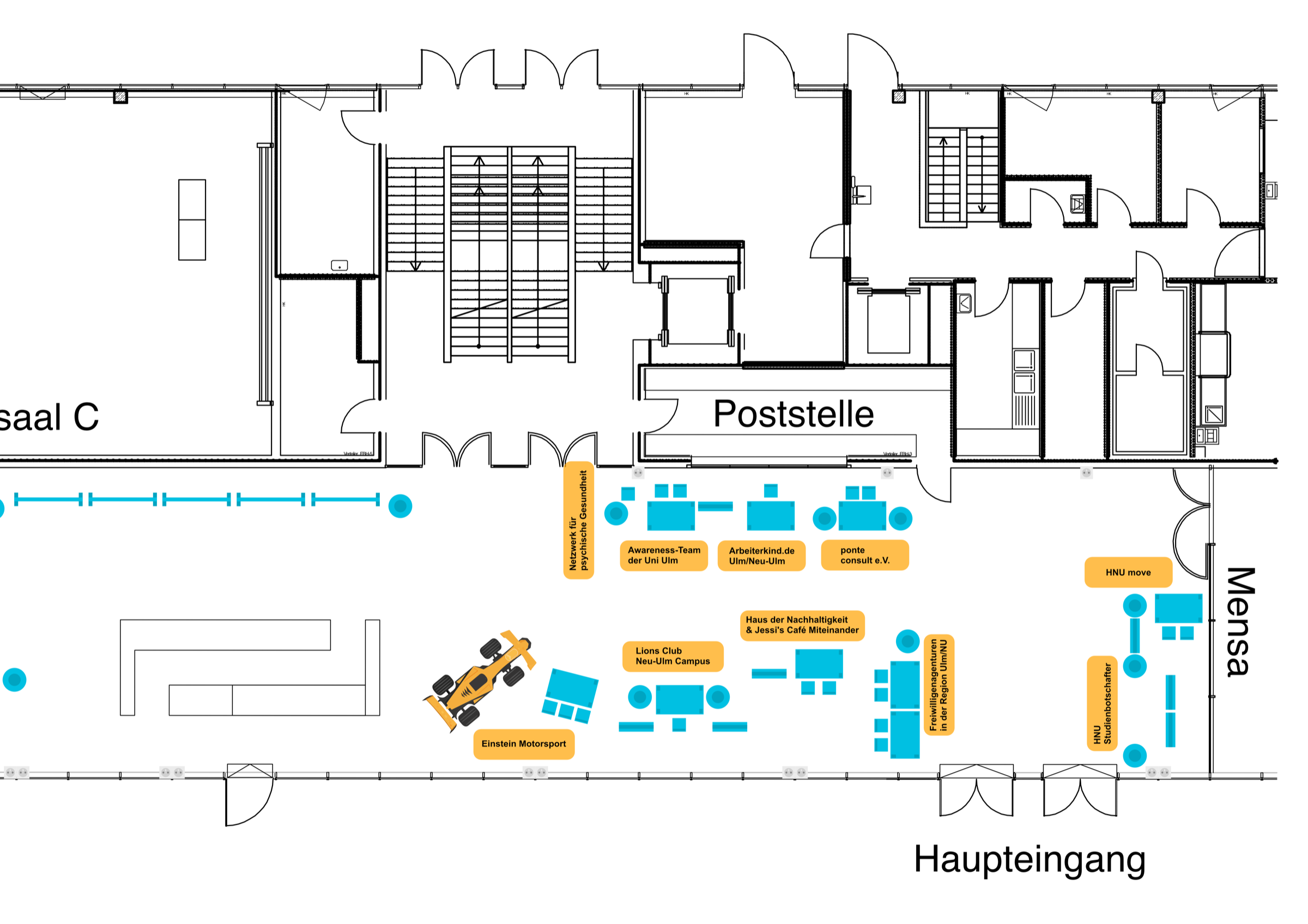 Detaillierter Foyerplan des HNU Engagement Days mit zwölf markierten Stand- und Interaktionsbereichen